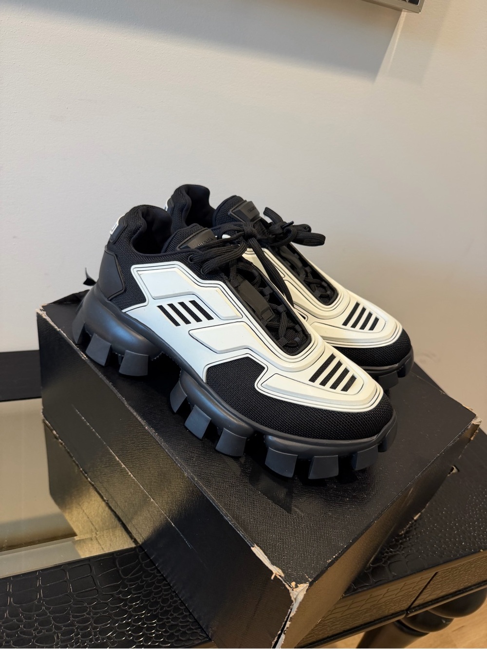 Prada  Cloudbust. Mens 9.5 Black and White Chunky Leather & Mesh Sneakers